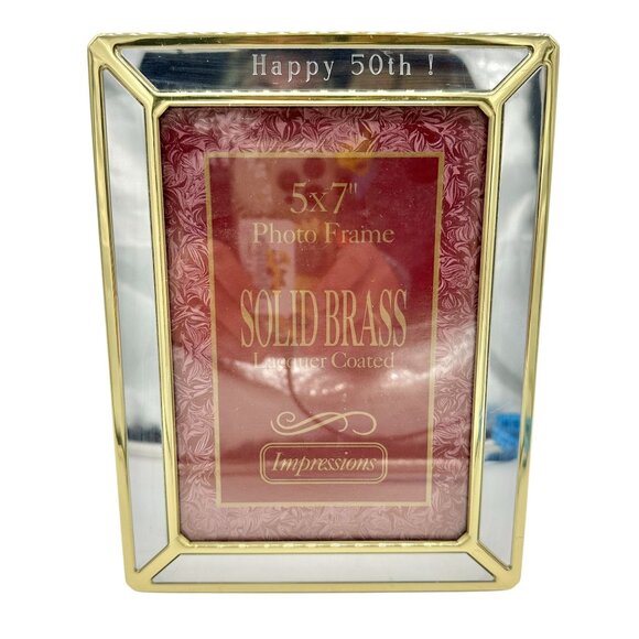 Solid Brass Lacquer Coated Photo 5x7" Frame With "Happy 50th" Engraving - Picture 1 of 4